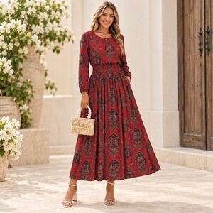 Sunshine Vintage Red Paisley Maxi Dress Size M Long Sleeve 100% Rayon